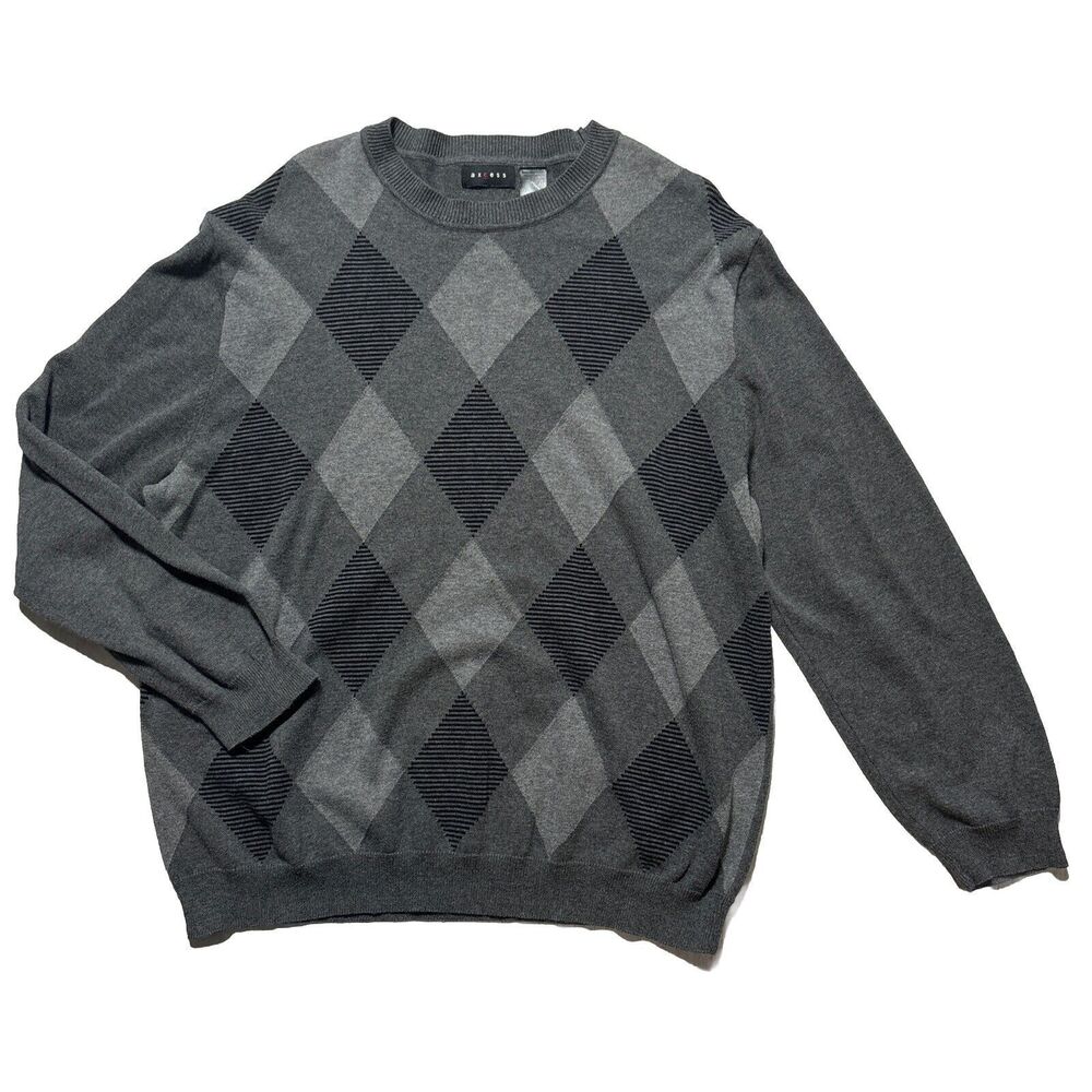 Mens XL Gray Argyle Pullover Sweater 100% Cotton Preppy Academia Office Casual